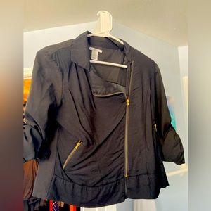 Bar III Black Top with Sheer and Angled Gold Zipper Button Details, size Small